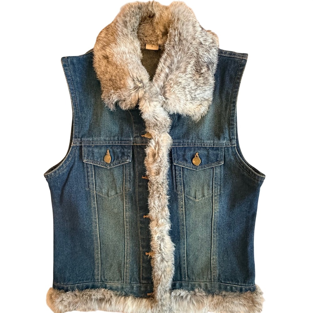 Vintage Y2K Cejion Real Fur Trim Collar Denim Vest Blue Medium Wash Small
